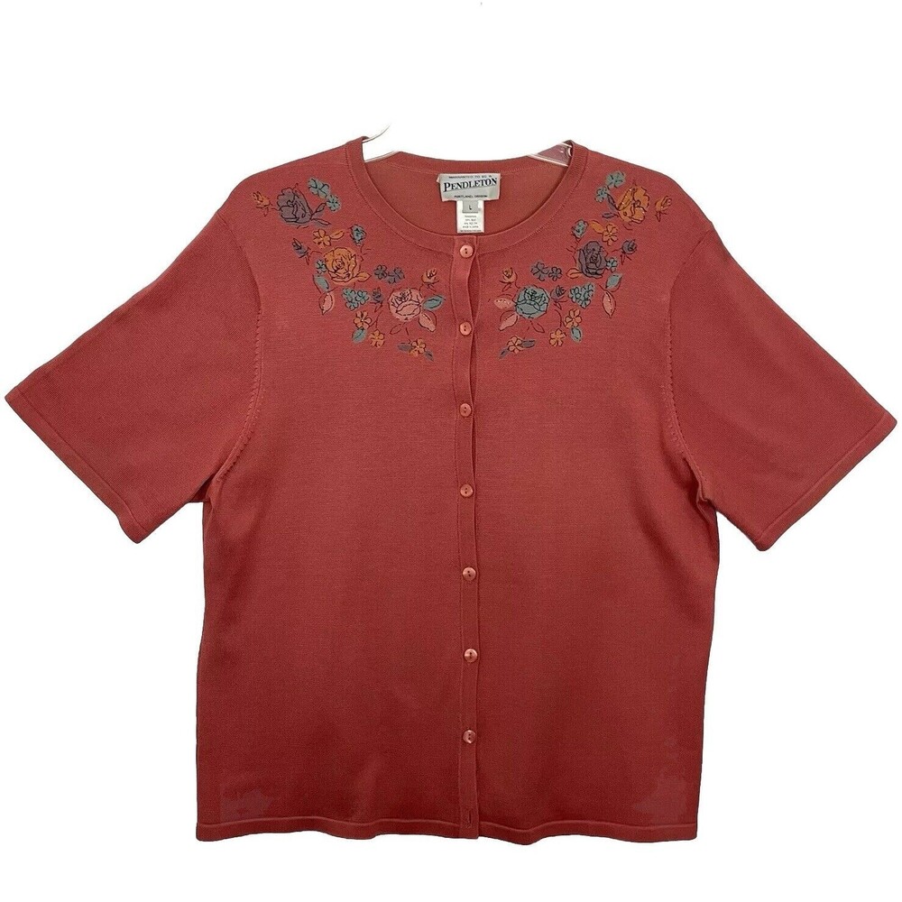 Pendleton Cottagecore Silk Blend Cardigan w/ Floral Neckline Tiny Beads Sz Large